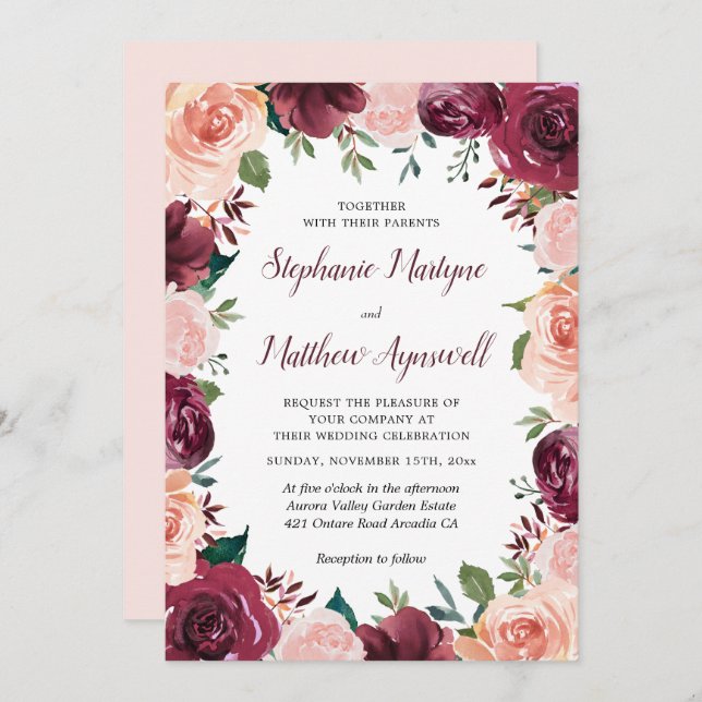 Floral Blush Burgundy Rose Border Wedding Invitation (Front/Back)