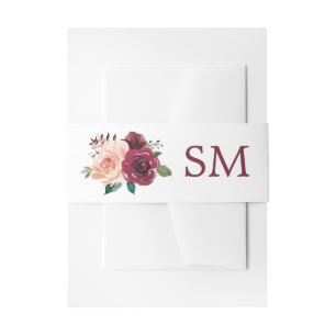 Floral Blush Burgundy Rose Wedding Monogram Invitation Belly Band