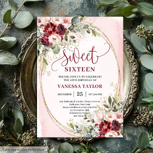 Floral Blush Burgundy Roses Sweet Sixteen Party Invitation