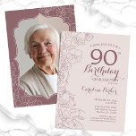 Floral Blush Dusty Pink Photo 90th Birthday Party Invitation<br><div class="desc">Floral Blush Dusty Pink and Mauve Photo 90th Birthday Party Invitation. Minimalist modern design featuring botanical outline drawings accents and typography script font. Simple trendy invite card perfect for a stylish female bday celebration. Can be customised to any age. Printed Zazzle invitations or instant download digital printable template.</div>