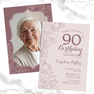 Floral Blush Dusty Pink Photo 90th Birthday Party Invitation