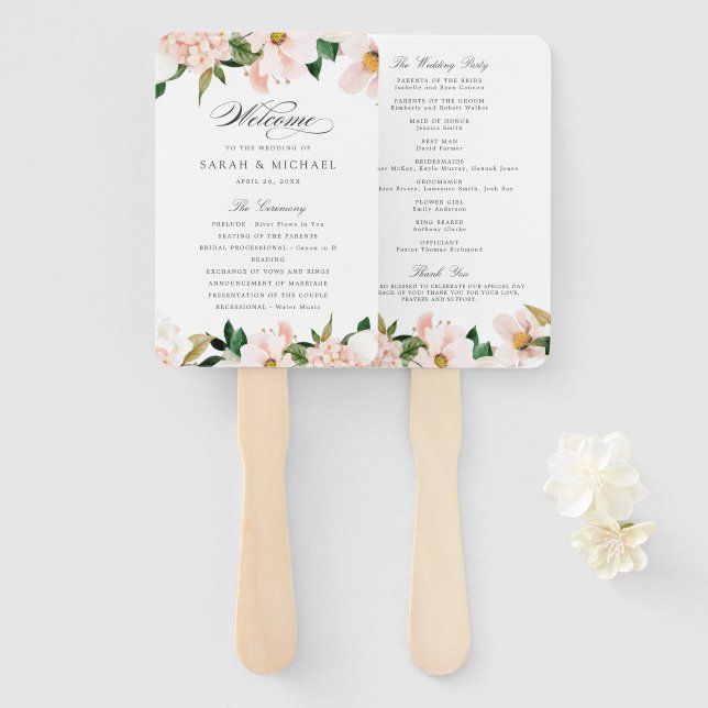 Floral Blush Elegant Magnolia Wedding Program Hand Fan (Front and Back)