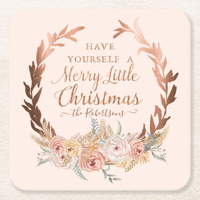 Floral Blush Glitter Rose Gold Elegant Christmas Square Paper Coaster (Front)