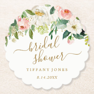 Floral Blush Gold Pink Confetti Bridal Shower Paper Coaster