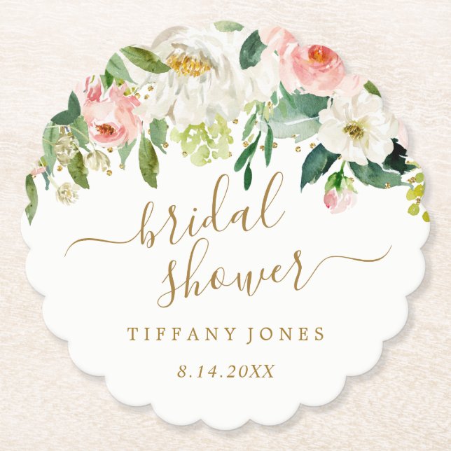 Floral Blush Gold Pink Confetti Bridal Shower Paper Coaster (Front)