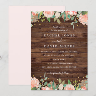 Floral Blush Gold Rustic Wedding Invitation