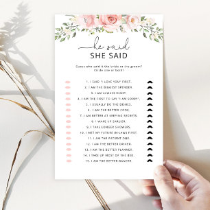 Floral blush He said she said bridal shower game