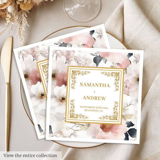 Floral blush ivory gold watercolor wedding napkins (Floral blush ivory gold watercolor wedding napkins)