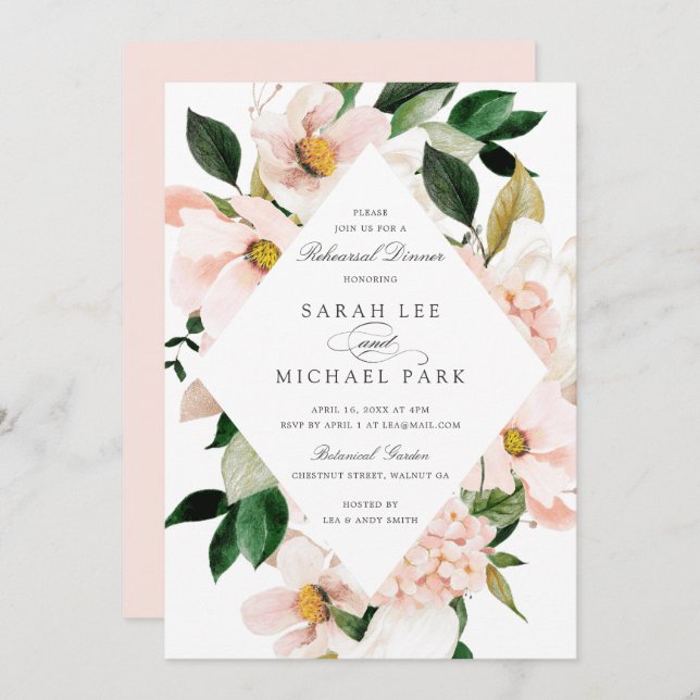 Floral Blush Magnolia Hydrangea Elegant Rehearsal Invitation (Front/Back)