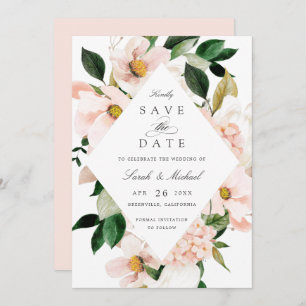 Floral Blush Magnolia Hydrangea Elegant Save Date Invitation