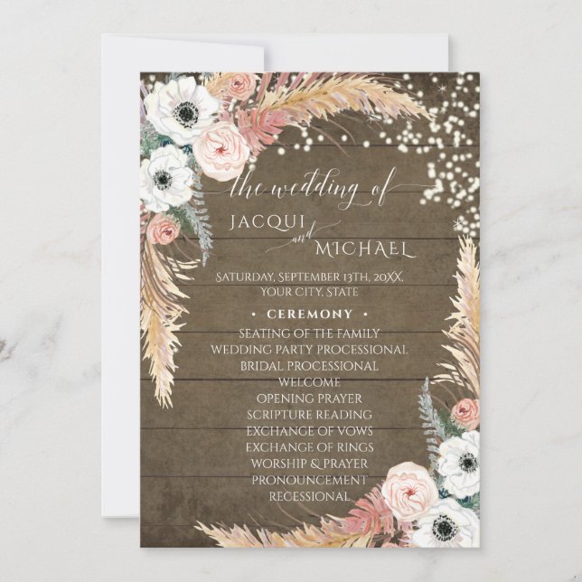 Floral Blush n White Pampas Grass Twinkle Lights Invitation (Front)