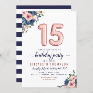 Floral Blush Navy Rose Gold Balloons 15th Birthday Invitation
