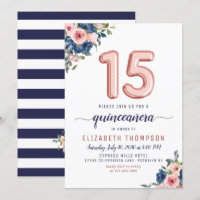 Floral Blush Navy Rose Gold Balloons Quinceañera