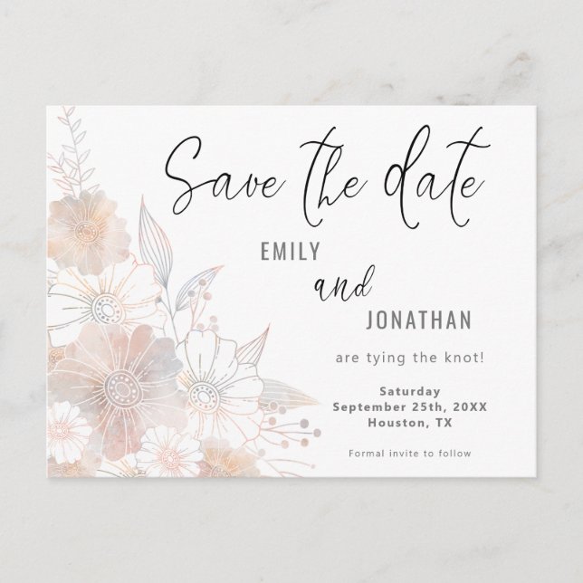 Floral Blush Peach Grey Wedding Save The Date Postcard (Front)