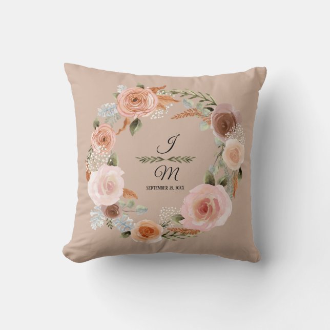 Floral Blush Peach Watercolor Eucalyptus Greenery Cushion (Front)