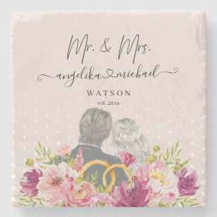 Floral Blush Peonies Trendy Script Mr. and Mrs. Stone Coaster