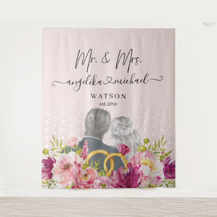 Floral Blush Peonies Trendy Script Mr. and Mrs. Tapestry