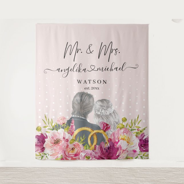 Floral Blush Peonies Trendy Script Mr. and Mrs.  Tapestry (Front)