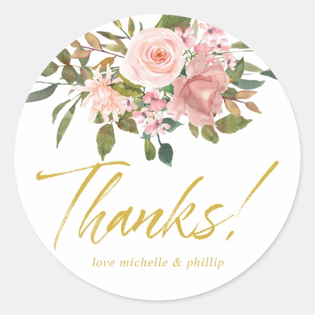 Floral Blush Pink and Gold Wedding Thank You Classic Round Sticker (Front)