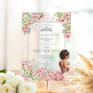Floral Blush Pink and Green Butterfly Quinceañera Acrylic Invitations