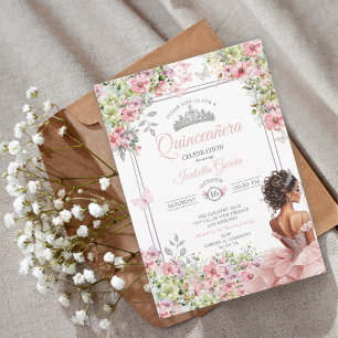Floral Blush Pink and Green Butterfly Quinceañera Invitation