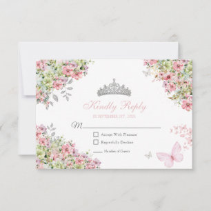 Floral Blush Pink and Green Butterfly Quinceañera RSVP Card