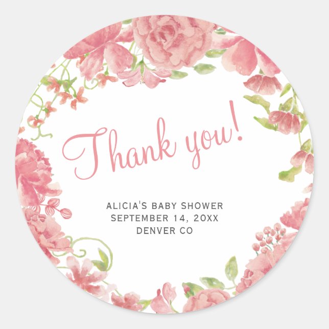 Floral blush pink baby shower thank you classic round sticker (Front)
