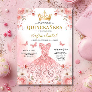 Floral Blush Pink Bilingual Spanish Quinceanera Invitation