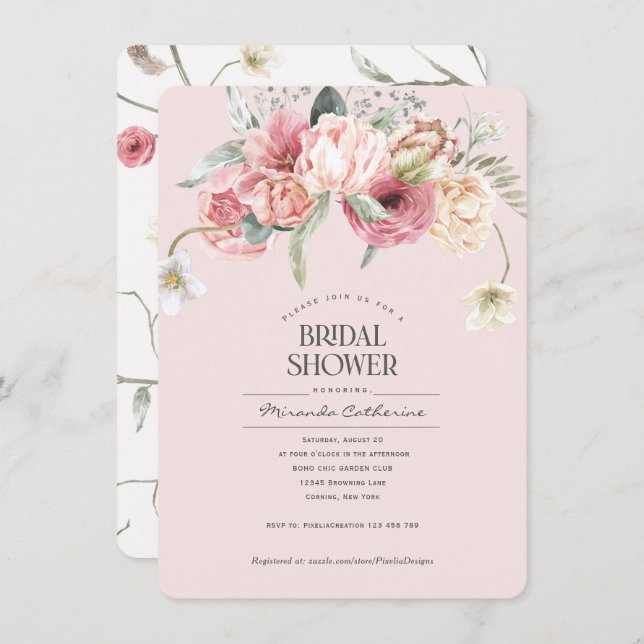 floral blush pink boho chic floral bridal shower invitation (Front/Back)
