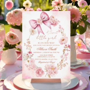Floral Blush Pink Bow Baby Shower Invitation
