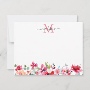 Floral Blush Pink Burgundy Red Rose Peony Monogram Card