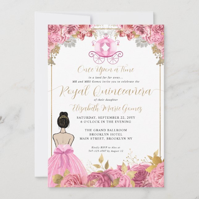 Floral Blush Pink Cinderella Royal Quinceanera Invitation (Front)
