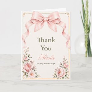 Floral Blush Pink Coquette Bow Bridal Shower Thank You Card