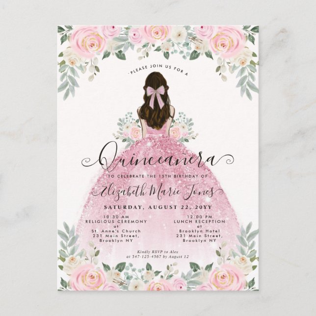 Floral Blush Pink Dress 15th Birthday Quinceanera  Postcard (Front)