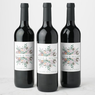 Floral blush pink eucalyptus greenery wedding wine label