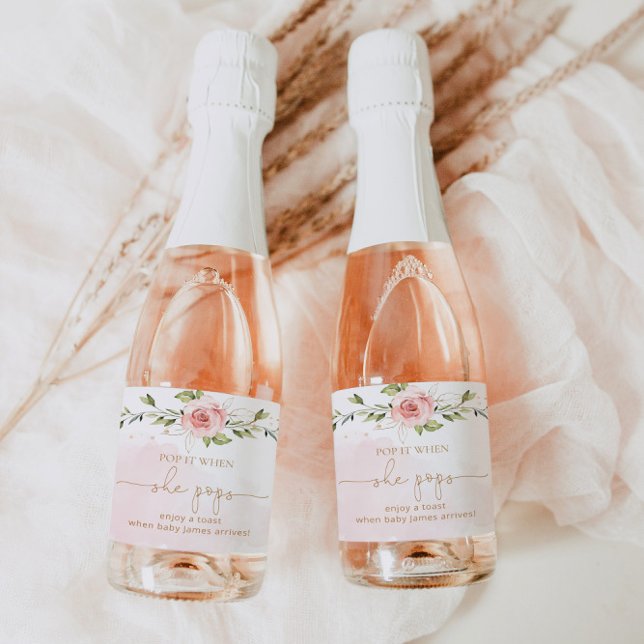 Floral blush pink eucalyptus pop it when she pops sparkling wine label (Creator Uploaded)