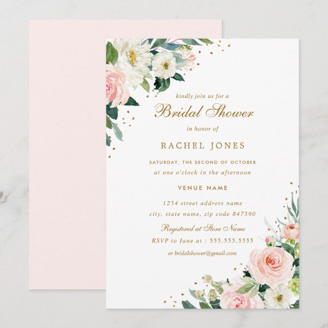 Floral Blush Pink Gold Bridal Shower Invitation (Front/Back)