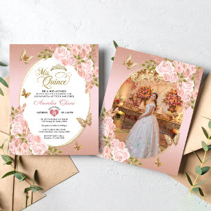 Floral Blush Pink Gold Butterfly Photo Quinceañera