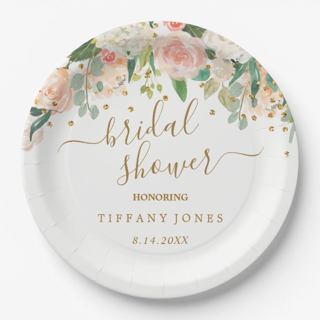 Floral Blush Pink Gold Confetti Bridal Shower Paper Plate (Front)