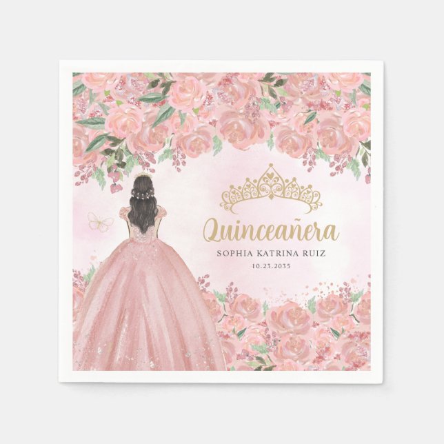 Floral Blush Pink Gold Dress Princess Quinceanera Napkin (Front)