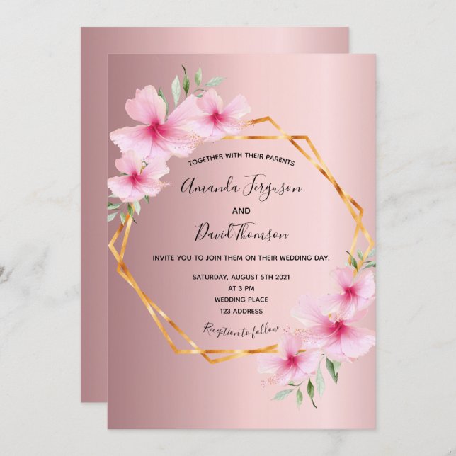 Floral blush pink gold geometric wedding invitation (Front/Back)