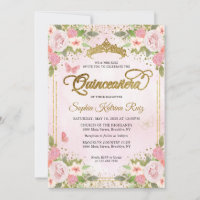 Floral Blush Pink Gold Glitter Crown Quinceañera
