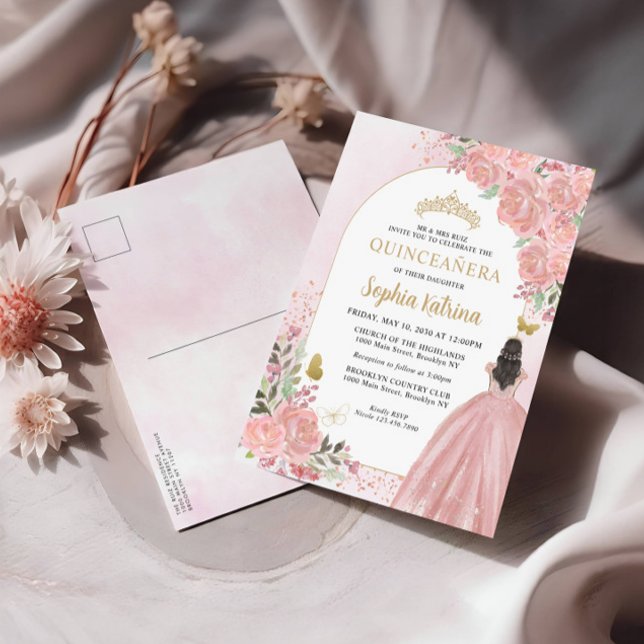 Floral Blush Pink Gold Gown Birthday Quinceanera Invitation Postcard (Creator Uploaded)