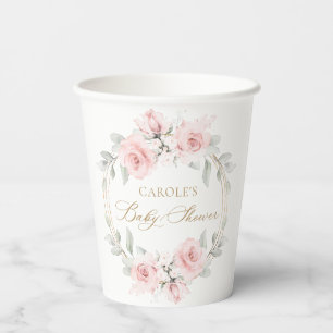 Floral Blush Pink Gold Greenery Baby Shower Paper Cups