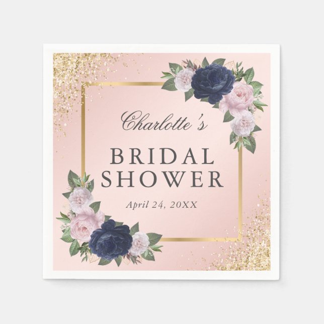 Floral Blush Pink Gold Navy Blue Bridal Shower Napkin (Front)