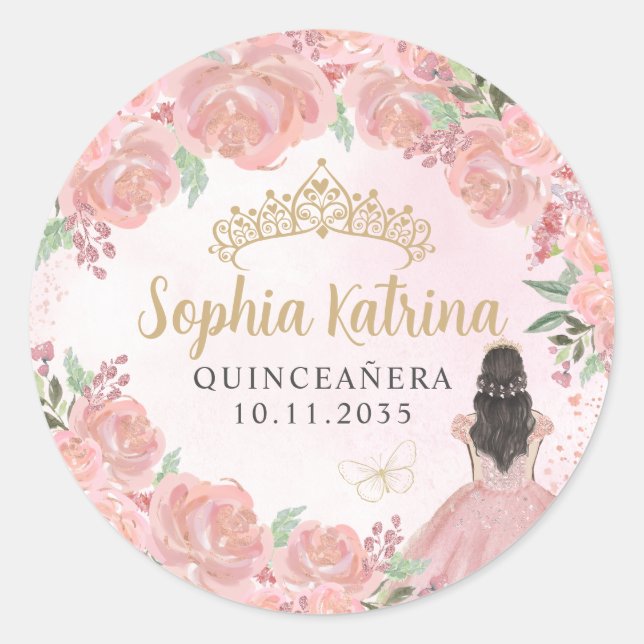 Floral Blush Pink Gold Quinceanera Birthday Favour Classic Round Sticker (Front)