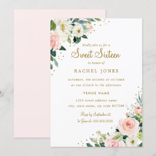 Floral Blush Pink Gold Sweet Sixteen Invitation