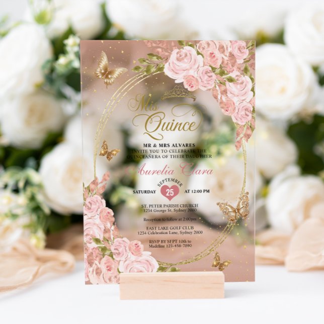 Floral Blush Pink Gold Tiara Butterfly Quinceañera Acrylic Invitations (Creator Uploaded)