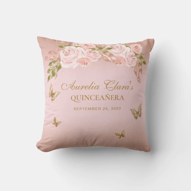 Floral Blush Pink Gold Tiara Butterfly Quinceanera Cushion (Front)