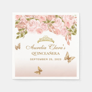 Floral Blush Pink Gold Tiara Butterfly Quinceañera Napkin